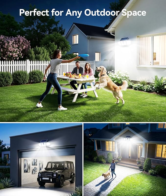 KOOPER Solar Flood Lights, 210 LED Motion Sensor Outdoor Lights, Solar Motion Lights Outdoor Waterproof, 3 Heads 300° Wide Angle Outdoor Security Lights for Yard Patio Garage Entryways, 2 Pack, White