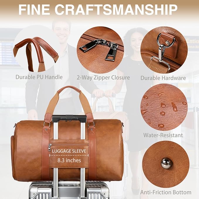 Large 3-in-1 Leather Duffle Bag for Travel Weekender Overnight Hospital Gym Bag for Men & Women, Carry On Airline Approved Personal Item Duffel Garment Bag Luggage with Shoe Compartment & Toiletry Bag