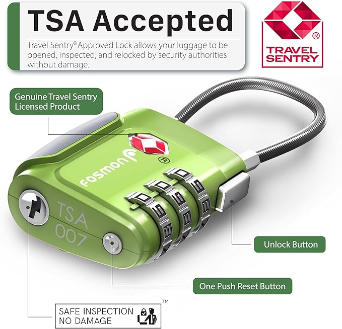 Fosmon TSA Approved Cable Locks for Luggage, Suitcase Locks with Push Release Button, 3 Digit Long Shackle Combo Wire Locks for Backpack, Gym Locker
