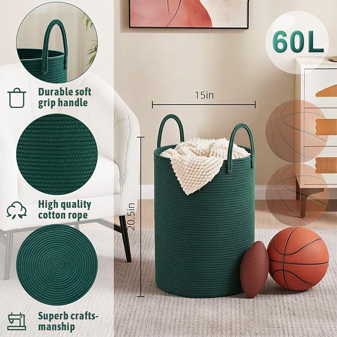 Laundry Basket,Woven Cotton Rope Laundry Hamper,60L for Decorative Storage of Dirty Clothes,Toys and Blankets in Bathroom,Baby Room and Living Room