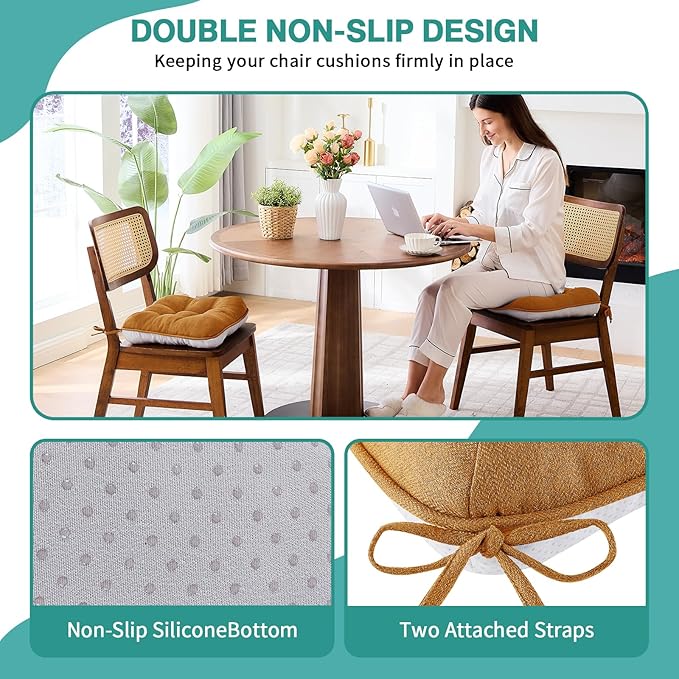 BETU Chair Cushions for Dining Chairs Set of 6,3.5" Thick Kitchen Table Chair Pads with Ties,Non Slip Backing and Covers, Seat Cushion for Dining Room,Bar,Patio Chairs,16"X16"X3.5",Caramel