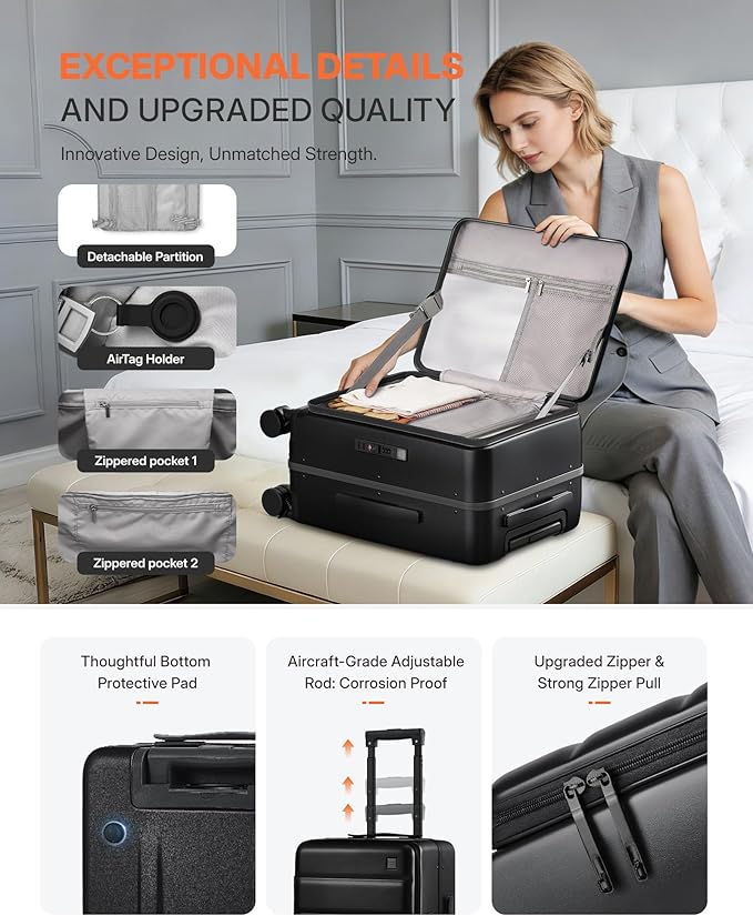 20IN Carry On Luggage,Top Opening Aluminum Frame Hardside 100% PC Airline Approved Suitcase -with TSA Lock,Cup Holder,USB Charge,Side Pothook, 360°Spinner Wheels-Black