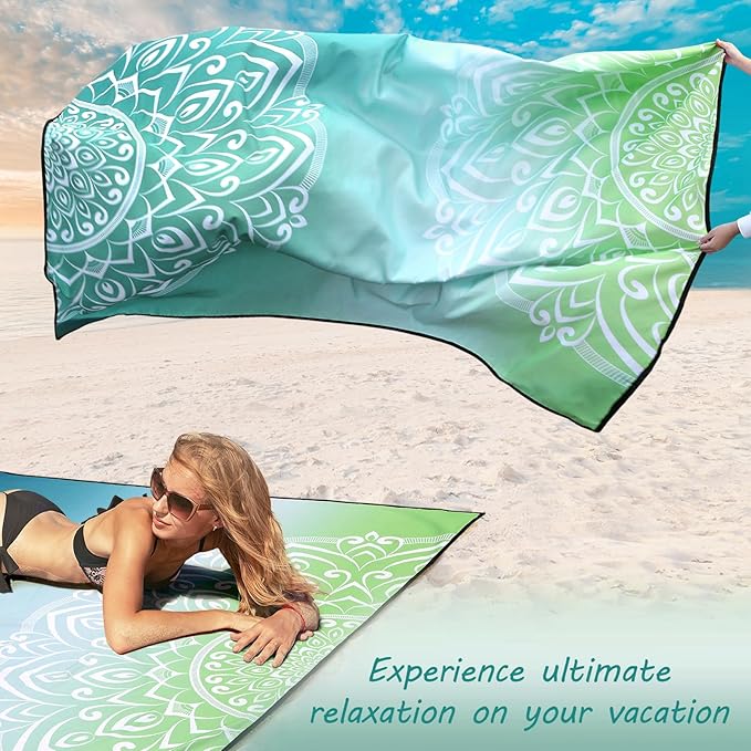 Beach Blanket Sandproof Extra Large Beach Mat Adults Waterproof Quick Drying Sand Free Mat Made by Premium Polyester with 4 Stakes & 4 Corner Pockets for Outdoor Travel Camping Hiking