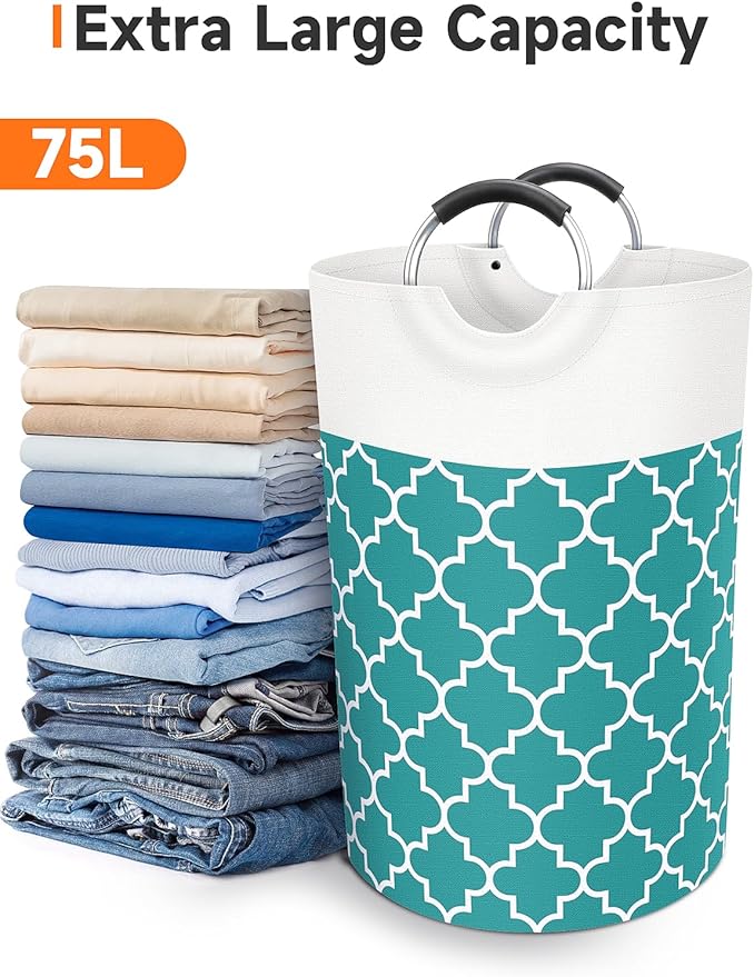 Large Laundry Basket Laundry Hamper Bag Washing Bin Clothes Bag Collapsible Tall with Handles Waterproof Travel Bathroom College Essentials Storage for College Dorm, Family (Green) 75L