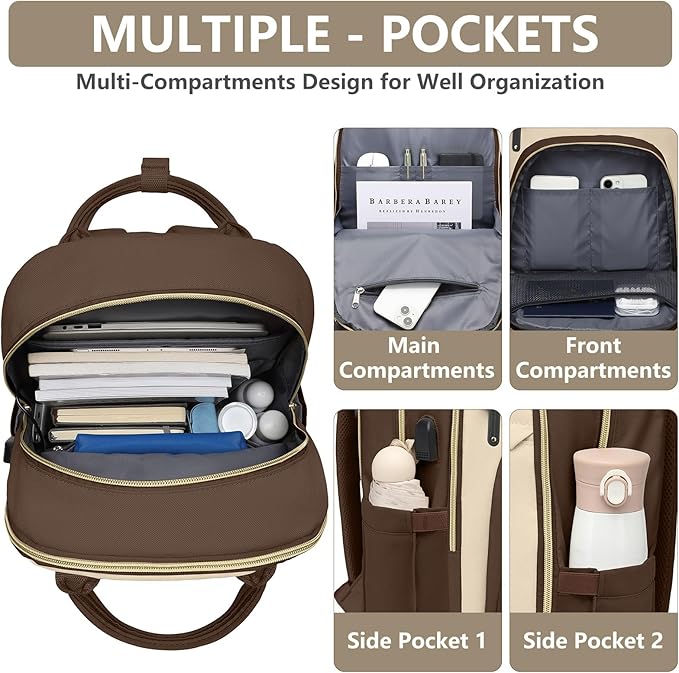 Laptop Backpack for Women Work Bag - 15.6 inch Travel Backpack Purse with USB Charger College Bookbag Waterproof Cute Casual Daypack Fashion Business Computer Backpacks for Teacher Nurse Brown Khaki