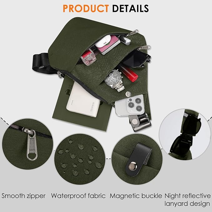 Cross body Bag for Women Men AntiTheft Travel Sling Bag Waterproof Shoulder Bags, Ideal for Adventures Travel Casual Vacation, Army Green