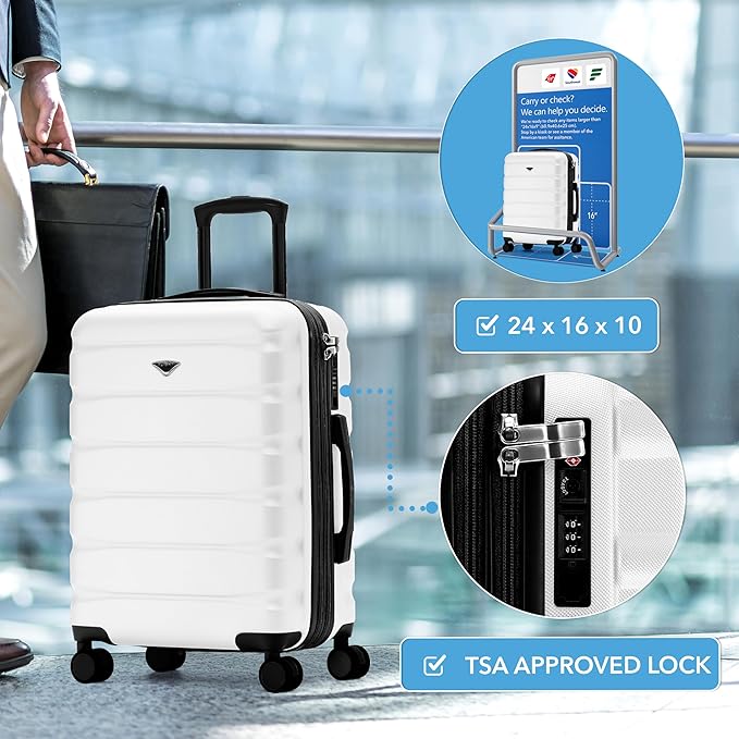 Flight Knight 24x16x10 Expandable Carry On Suitcase Hardside TSA Lock USB C Lightweight Luggage Silent Double Spinner Wheels Maximum Overhead Carry-On Bag For Virgin South West Approved White