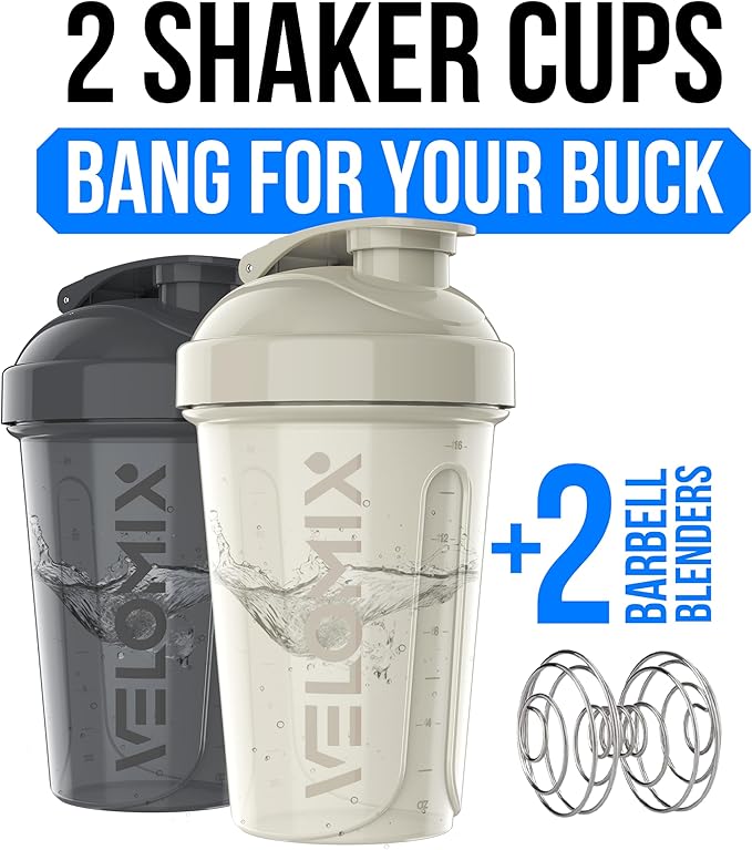 VELOMIX -2 Pack- 20 oz Protein Shaker Bottles for Protein Mixes - 2x Wire Whisk | Leak Proof Shaker Cups for Protein Shakes and Pre Workout | Protein Shaker Bottle Pack (Gray/White)