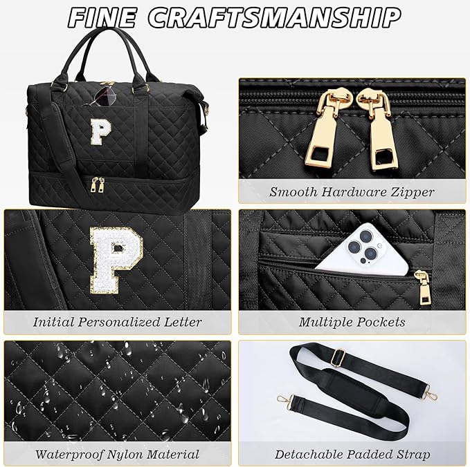 Gifts for Mom for Daughter Birthday Initial Travel Duffle Bag Quilted Weekender Bags Carry-On Overnight with Makeup Bag, Gym Bag with Shoe Compartment, Black P