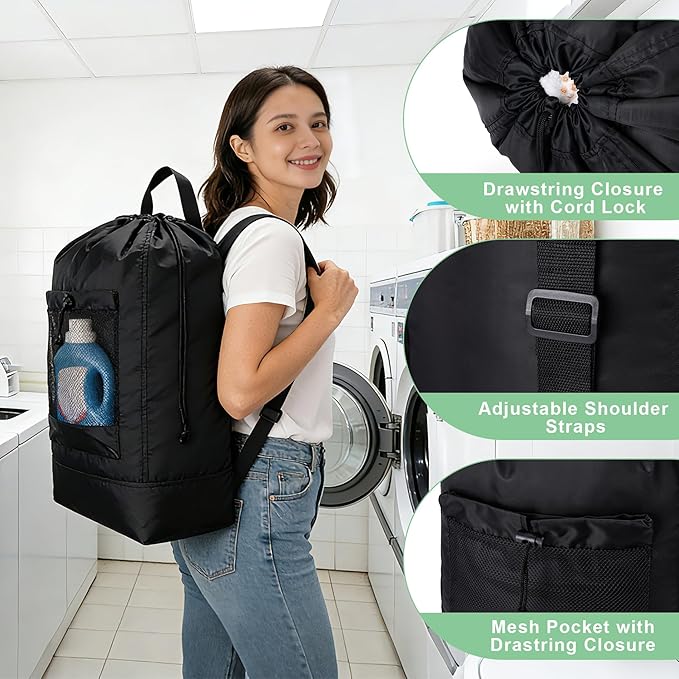 Backpack Laundry Bag,Large Travel Laundry Bags with Shoulder Straps and Mesh Pockets,Laundry Backpack with Drawstring Closure for College,Trave,Dorm, Apartment,Laundromat (Black)