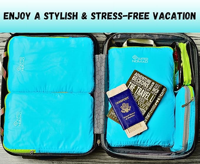 SUITEDNOMAD Ultralight Compression Packing Cubes Set, Suitcase and Backpack Travel Organizer Bags (Turquoise, 7Piece)