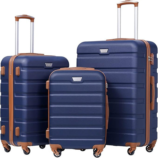 Coolife Luggage 3 Piece Set, Lightweight Durable Hardshell Suitcase set with 360° Spinner Wheels, TSA-approved Lock, Checked Family Travel Luggage sets, 20/24/28 Inch, Apricot Navy