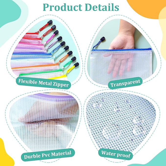9pcs Mesh Zipper Pouch Bags Small, A5 9.5x7.2 Inches, 9 Colors Zipper Pouches for Organizing, Puzzle Storage, Travel, School, Office Supplies