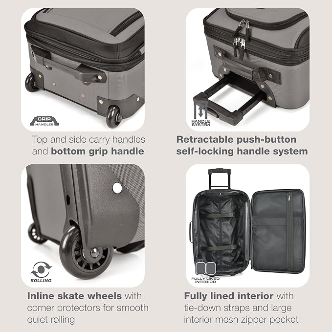 U.S. Traveler Rio Lightweight Softside Rolling Carry-on Suitcase, 2-Wheel Single, Grey