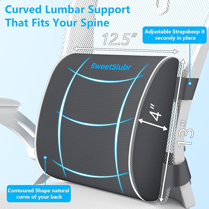 Seat Cushion, Lumbar Support Pillow with Adjustable Strap-Chair Cushions for Sciatica Pain Relief-with Washable Cover Memory Foam for Car, Travel and Wheelchair Gray/Large