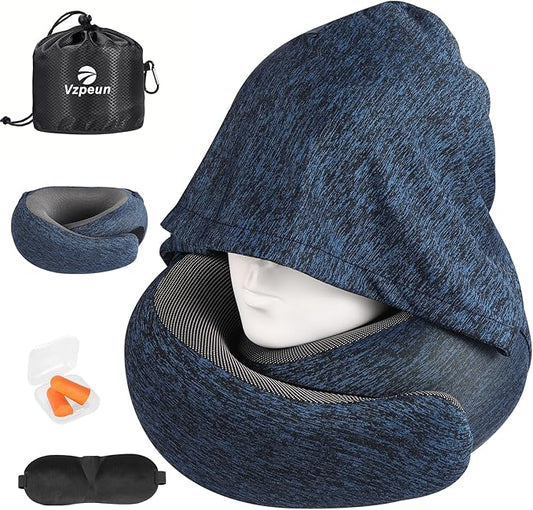 Travel Pillow - Hooded Neck Pillow Airplane Memory Foam Filling for Plane, Office, Cars Sleeping, Road Trip, Long Flights, Portable Plane Accessories, Includes Eye Mask & Earplugs (Full Blue)