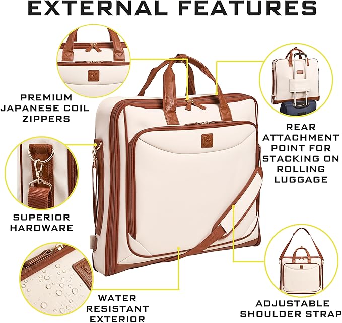 ZEGUR Premium Garment Bag Carry On for Women - Hangs Blazers, Pantsuits & More - Travel Bag with Shoulder Strap and Laptop Compartment (Beige with Saddle Brown Leather)