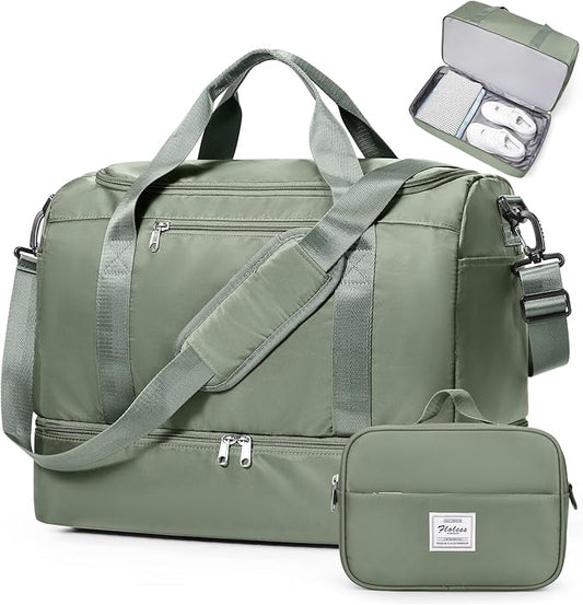 Travel Duffel Bag for Women, Carry-on Overnight Weekender Bags with Wet Pocket & Toiletry Bag, For Spirit Airlines 18x14x8 Personal Item Bag,Small,Olive Green