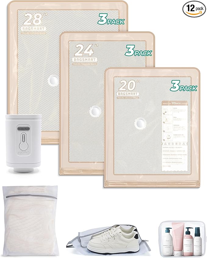 BAGSMART Vacuum Storage Bags with Portable Pump, Travel Space Saver Bags for Clothes, Heavy Duty Compression Bags for Storage, Vacuum Seal Bags with Hand Pump, Travel Essentials for Packing-Khaki