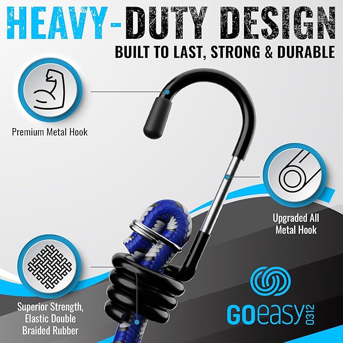 GOEASY0312 Premium Bungee Cords Heavy Duty - 17 Piece Bungee Cords with Hooks in A Storage Jar Includes 10", 18", 24", 30", 36", 48" Bungie Cord & Cargo Net Bundle