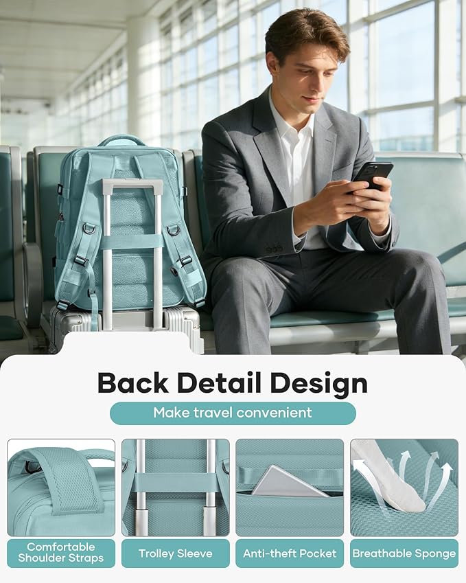 VECAVE Vacuum Backpack Travel with Pump, Expandable Personal Item Carry on Backpacks for Women Men, Laptop Waterproof Work Compression bags with USB Casual Daypack LightBlue