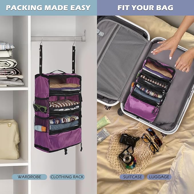Surblue Travel Hanging Luggage Organizer Portable Suitcase Closet Organizer Multiple Compartments Collapsible Compression Packing Cubes Shelf, Purple, S