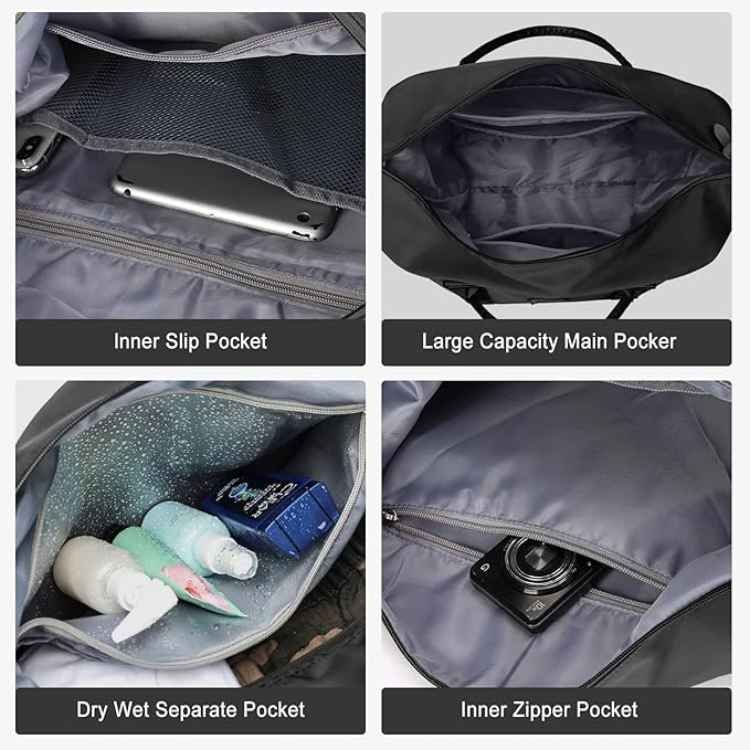 Sport Travel Duffle Bag Large Gym Tote Bag for Women, Weekender Bag Carry on Bag for Airplane, Ladies Beach Overnight Luggage Bag with Wet Pocket Black Large