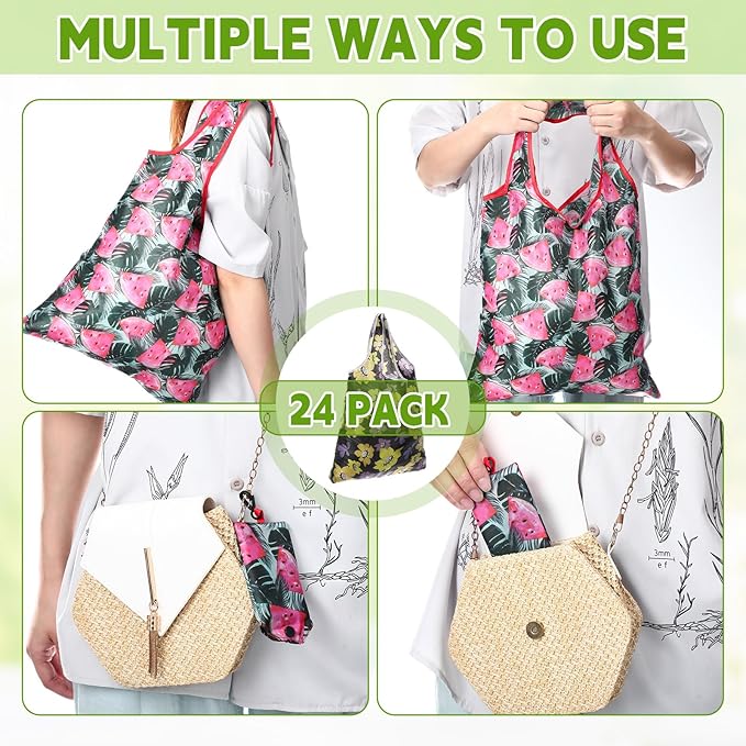 Paterr 24 Pcs Foldable Reusable Shopping Bag Recycle Travel Grocery Bag Fold to Pocket Tote Bulk for Daily Supplies Load