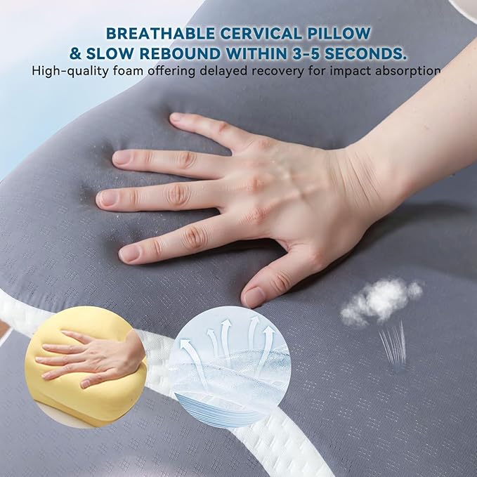 Cervical Memory Foam Pillow for Neck Pain Relief, Cooling Ergonomic Contour Orthopedic Bed Pillow for Sleeping, Neck Pillow for Side, Back and Stomach Sleepers