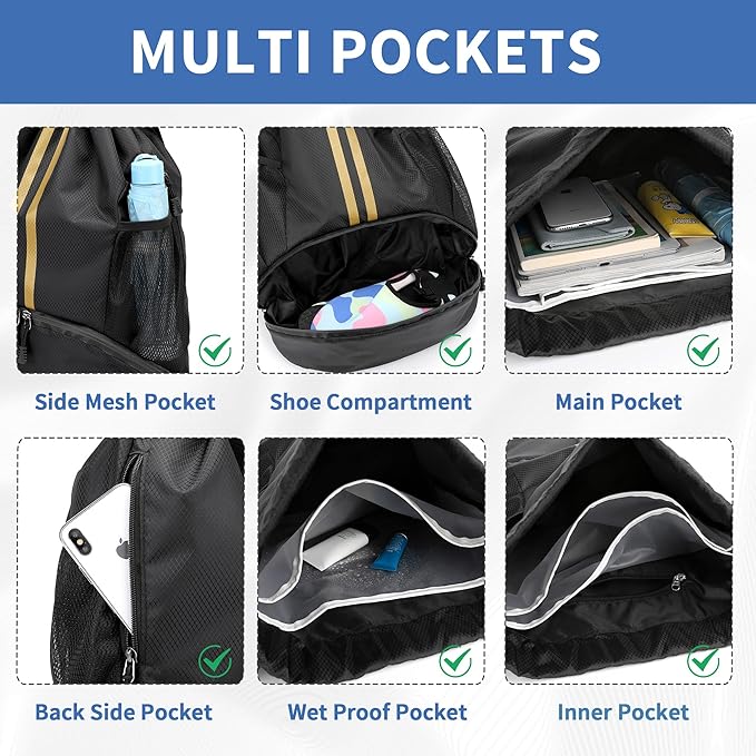 Drawstring Backpack Gym Bag with Shoes Compartment for Soccer, Basketball, Swim, Water-Resistant String Backpack Beach Cinch for Women Men, Black Gold