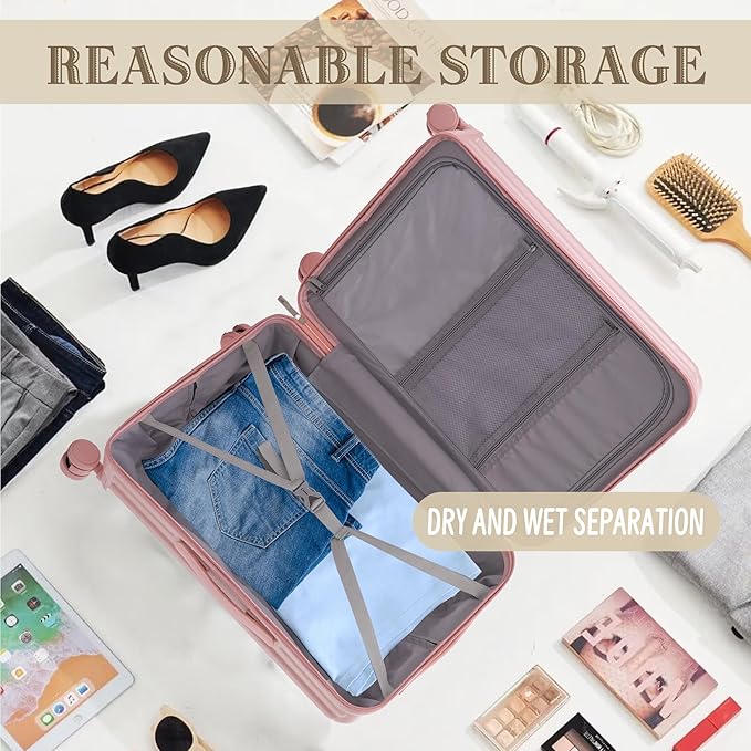 Luggage Set,3 Piece Suitcase with Spinner Wheels, Suitcase with Lock Cup Holder Phone Holder,Carry On Luggage Easy Travel for Men and Women,Pink