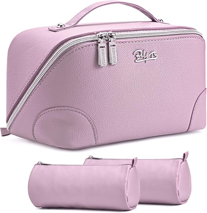 BOYATU Travel Makeup Bag Cosmetic Bags for Women: 3 Pcs Set Large Capacity Make up Bag with Handle - Waterproof Vegan Leather Toiletry Bags Travel Essentials with Compartments(C-4-Purple)