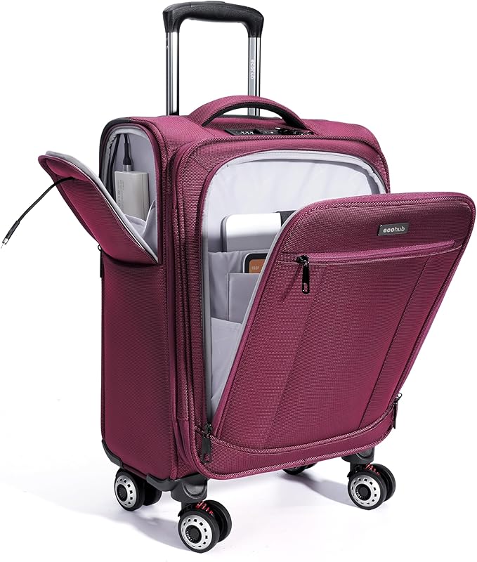 ECOHUB Carry On Luggage Airline Approved, 20 Inch Softside Carry On Suitcase with Spring Shock-Absorbing Spinner Wheels, Lightweight Travel Luggage with TSA Lock, 22x14x9 Carry-On Bag