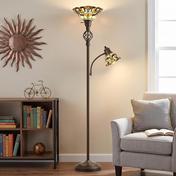 Tiffany Floor Lamp, Torchiere Floor Lamps with Stained Glass Shade, 70" Tall Standing Lamp with Adjustable Gooseneck Reading Lamp for Living Room Bedroom Office, Bulbs Included