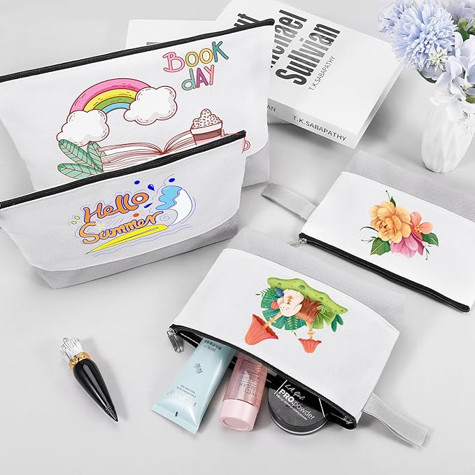 10 Pieces Cotton Canvas Makeup Bag with Bottom and Strap, Multi-Purpose Cosmetic Bag with Zipper Travel Toiletry Pouch, Blank DIY Craft Bag (White&Grey, XS)