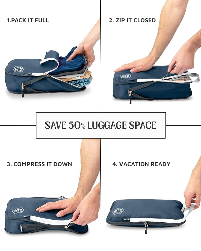Compression Packing Cubes 6 Piece Set for Carryon Suitcases- Lightweight, Durable Clothes Organizer (Navy Blue)
