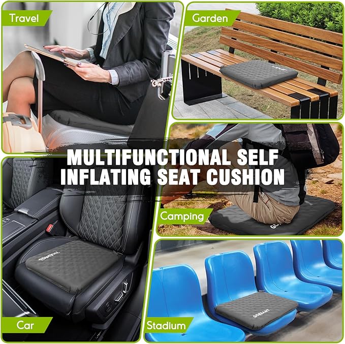 Inflatable Seat Cushion, Self-Inflating Memory Foam Stadium Seats Cushion Lightweight & Compact Chair Sitting Pad Airplane Cushion for Long Flight Travel Outdoor Camping Car Bleachers Office