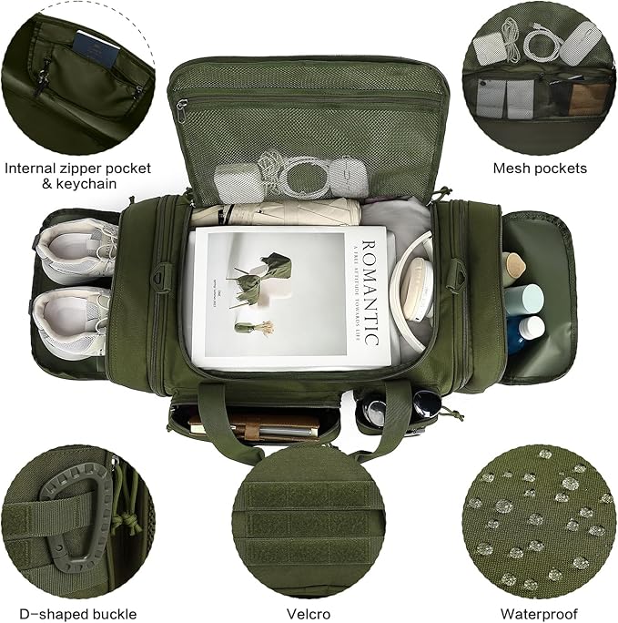 3 in 1 Tactical Travel Duffle Bag Backpack for Men Women 40-45L Expandable Gym Bag & Sport Duffel Bags for Travel with Shoe Compartment & Wet Pocket, Weekend Overnight bag for Caming, Green