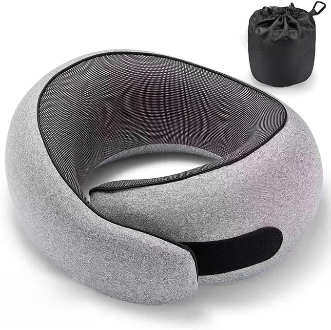 Travel Neck Pillow for Airplanes, Premium Memory Foam Neck Pillow with Ergonomic 360° Support, Travel Essentials for Plane, Car, Train and Home, Max Cloud Gray