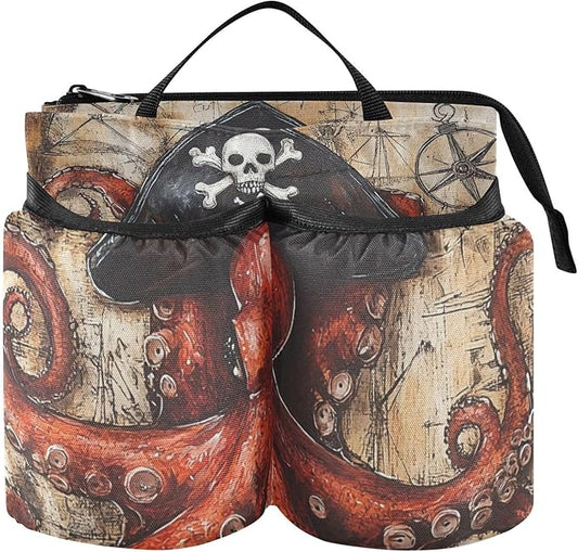 Octopus Pirate and Compass Luggage Cup Holder Travel Portable Free Hand Drink Carrier Suitcase Drinks Beverage Holder Carry-On Bottle Mug Holder Organizer Bag Travelers Accessories