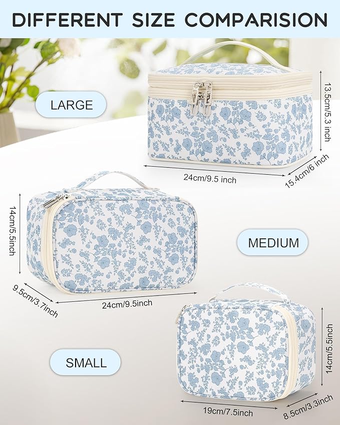 Relavel Travel Makeup Bag, Large Floral Cosmetic Bag with Makeup Brush Compartment, Portable Makeup Pouch for Women, Double Layer Makeup Organizer Bag Cute Toiletry Bag