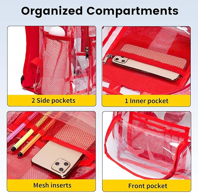 Vorspack Clear Backpack Heavy Duty PVC Transparent Backpack with Reinforced Strap Stitches & Large Capacity for College Workplace Security - Red