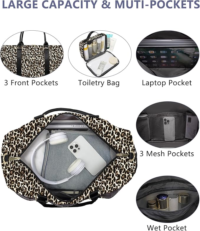 Women Weekender Travel Duffle Bag: Travel Duffel Overnight Bags with Shoe Compartment Large Carry on Tote with Toiletry Bag Weekend Traveling Yoga Gym Hospital Bag for Women with Wet Pocket Cheetah