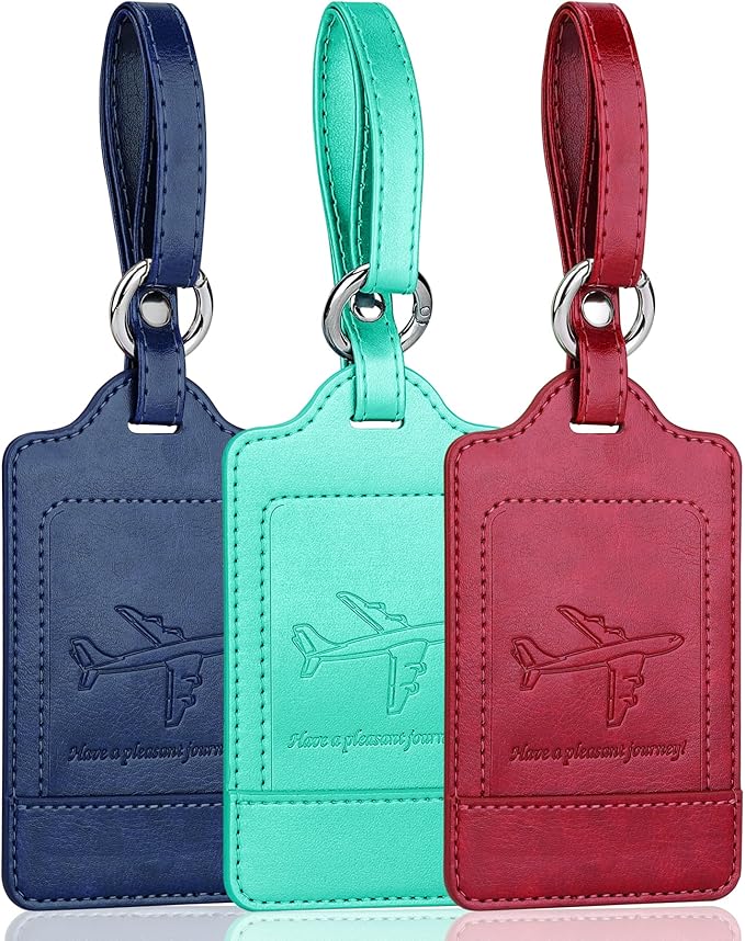 Teskyer Luggage Tags, 3 Pack Premium PU Leather Luggage Tags Privacy Protection Travel Bag Labels Suitcase Tags