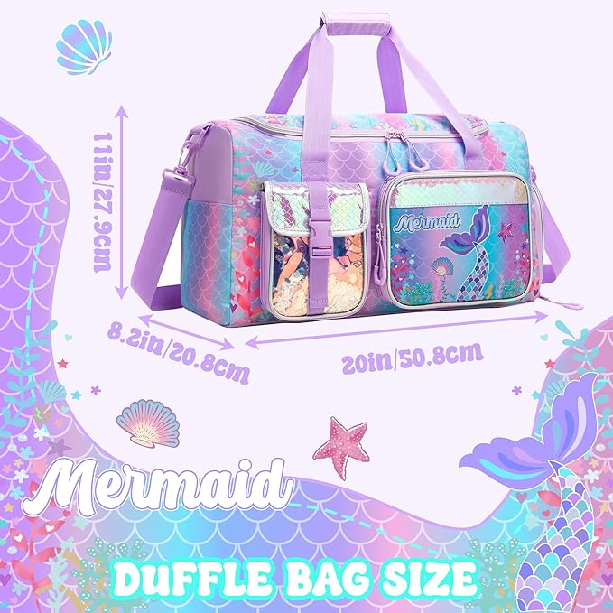 Kids Duffle Bag for Girls Dance Bag for Kids Mermaid Ballet Bags for Girls 6-8 Gymnastics Sports Overnight Bags with Shoes Compartment