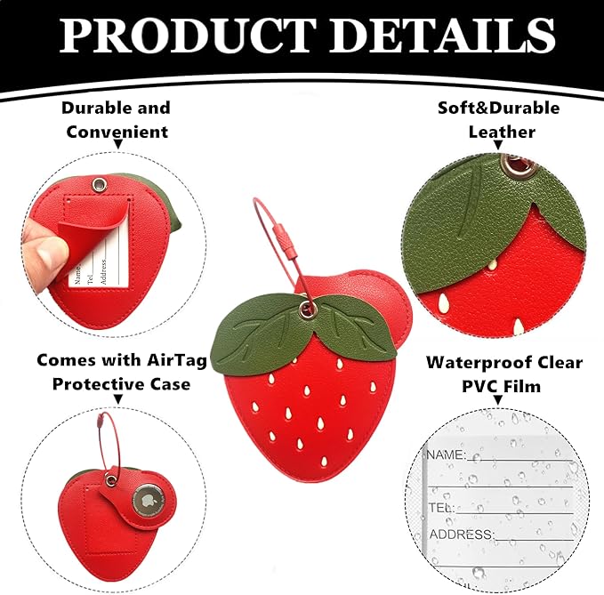 CuteLeather Luggage Tag Holder with Airtag Case Set,Hidden Compartment for AirTag Travel Suitcase Tracking Case with Stainless Steel Loop,Name ID Label(Strawberry)