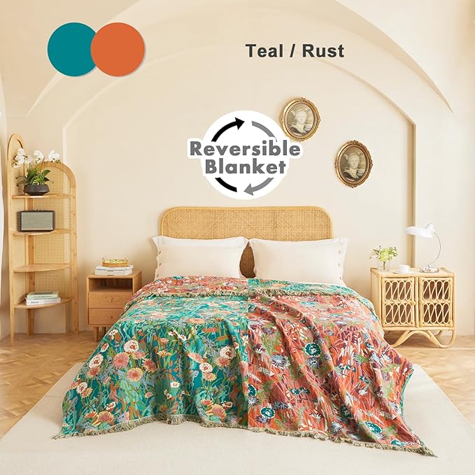 MSGKV Boho Throw Blanket 50"x60" Floral Blankets for Couch 100% Cotton Chair Sofa Throws Lightweight Farmhouse Muslin Spring Breathable Bed Blankets Home Decor All Seasons