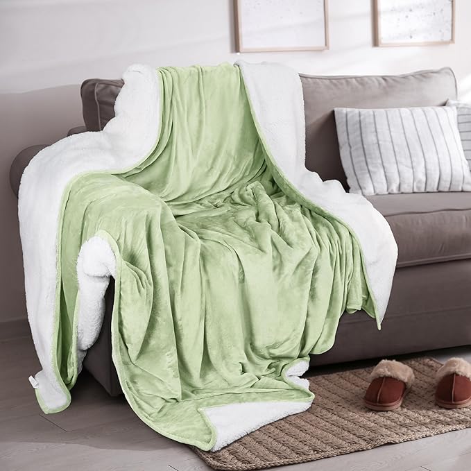 Utopia Bedding Sherpa Blanket Throw Size (Sage Green, 50x60 Inches) - Soft Lightweight Plush Fleece Reversible Blanket for Bed, Sofa, Couch, Camping and Travel