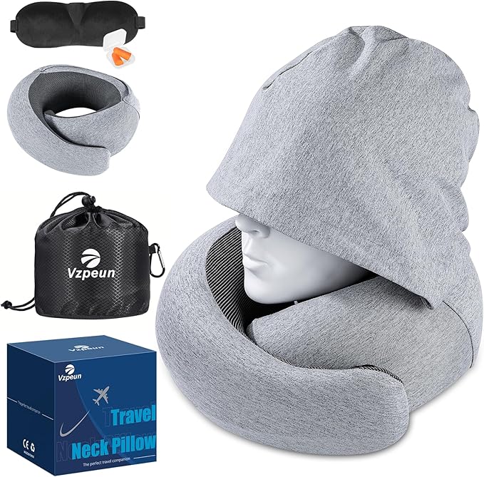 Travel Pillow - Hooded Neck Pillow Airplane Memory Foam Filling for Plane, Cars Sleeping, Road Trip, Long Flights, Portable Plane Accessories, Includes Eye Mask & Earplugs (Light Gray)