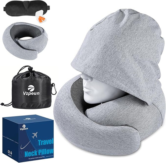 Travel Pillow - Hooded Neck Pillow Airplane Memory Foam Filling for Plane, Cars Sleeping, Road Trip, Long Flights, Portable Plane Accessories, Includes Eye Mask & Earplugs (Light Gray)